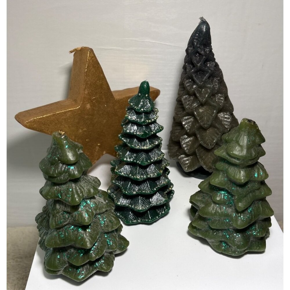 Christmas Tree Shaped Candles and Gold Star Candles Set Of 5